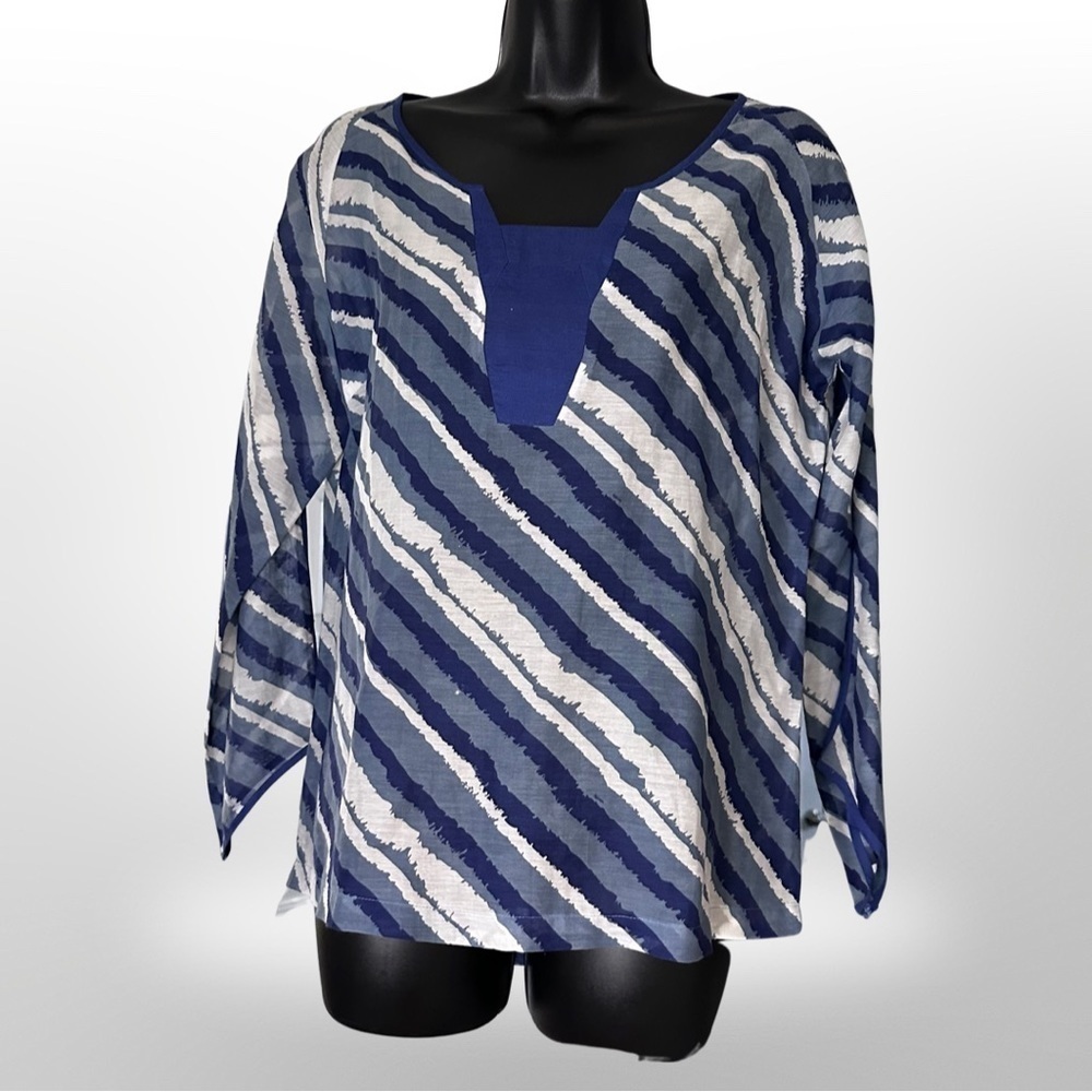 Herion Italy Sheer Blue White Diagonal Striped Tunic Blouse Size 40 (US 10)